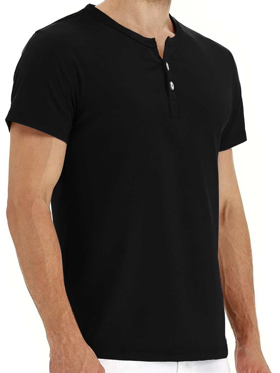 Men Solid Half Button Short Sleeve Tee - Black - View 1