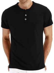 Men Solid Half Button Short Sleeve Tee - Black - View 3