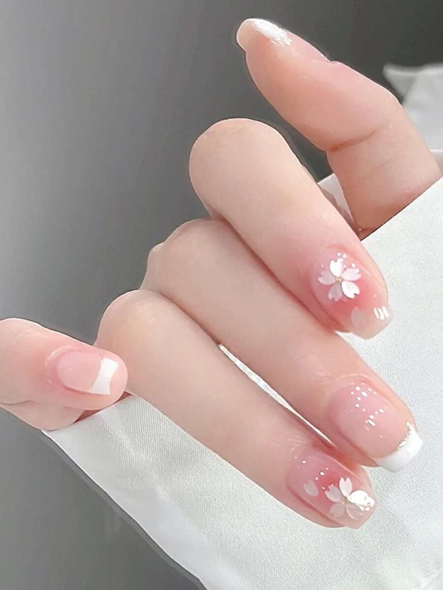 Transforma tus uñas con 24 piezas de uñas postizas cuadradas cortas con patrón francés floral color rosa + 1 archivo de uñas + 1 hoja de uñas adhesivas, suministros de uñas - Multicolor - Ver 1