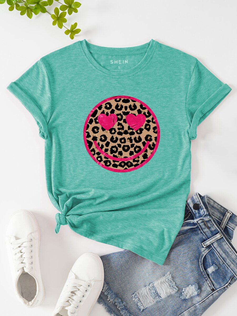 SHEIN Essnce 豹紋和心形印花T恤 - 薄荷綠 - 查看 1