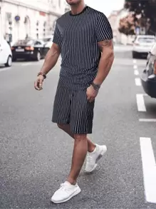 Manfinity Homme Men Striped Print Tee & Drawstring Waist Shorts - Navy Blue - View 4