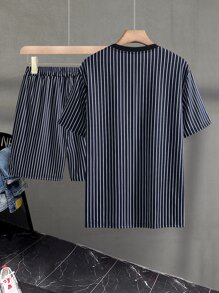Manfinity Homme Men Striped Print Tee & Drawstring Waist Shorts - Navy Blue - View 2
