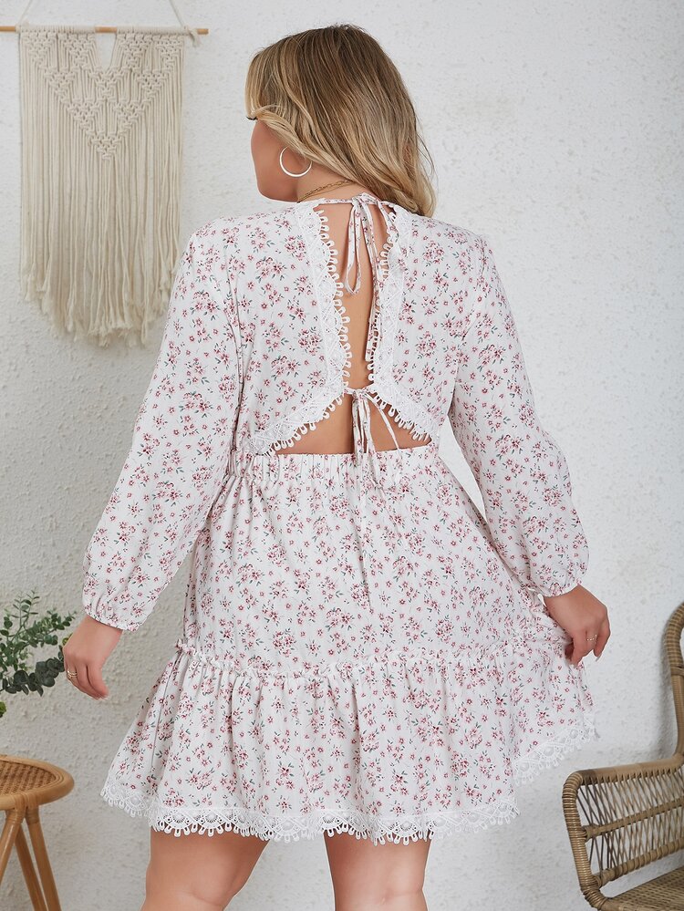 Eilly Bazar Plus Ditsy Floral Print Guipure Lace Trim Ruffle Hem Dress