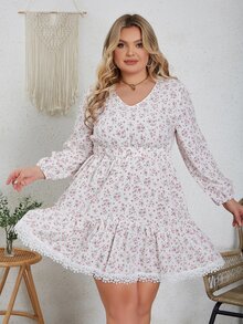 Eilly Bazar Plus Ditsy Floral Print Guipure Lace Trim Ruffle Hem Dress - Multicolor - View 1