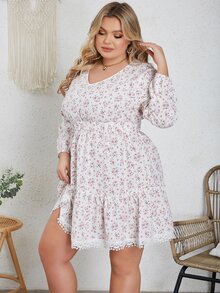 Eilly Bazar Plus Ditsy Floral Print Guipure Lace Trim Ruffle Hem Dress - Multicolor - View 4