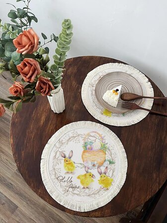 1pc Easter Chicken & Egg Print Tassel Trim Place Mat, Cartoon Polyester Round Table Mat For Dinner Table