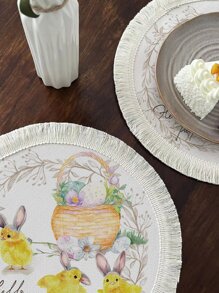 1pc Easter Chicken & Egg Print Tassel Trim Place Mat, Cartoon Polyester Round Table Mat For Dinner Table