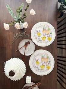 1pc Easter Chicken & Egg Print Tassel Trim Place Mat, Cartoon Polyester Round Table Mat For Dinner Table