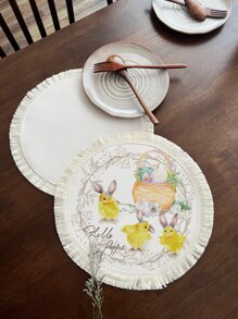 1pc Easter Chicken & Egg Print Tassel Trim Place Mat, Cartoon Polyester Round Table Mat For Dinner Table
