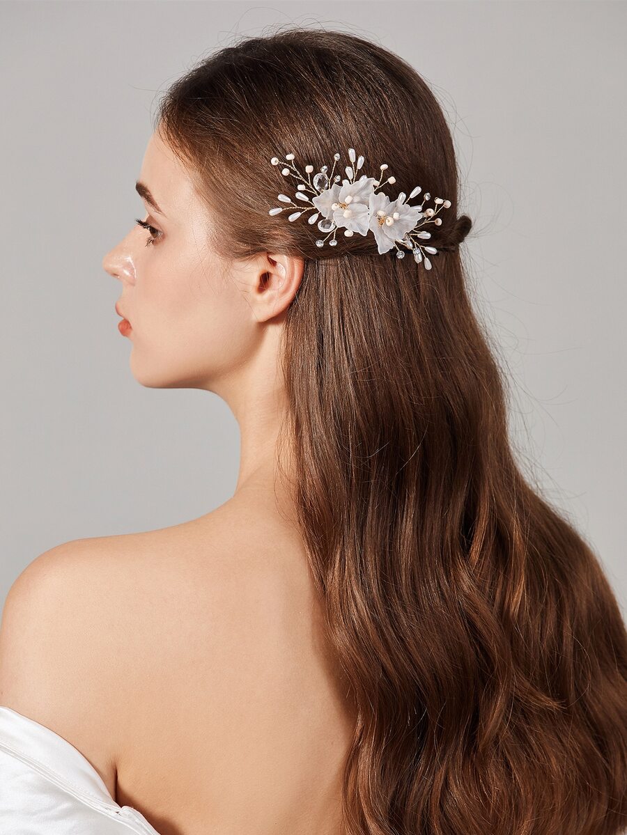 Rhinestone & Flower Decor Bridal Hair Clip - Gold - View 1