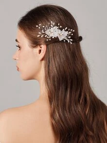 Rhinestone & Flower Decor Bridal Hair Clip - Gold - View 3