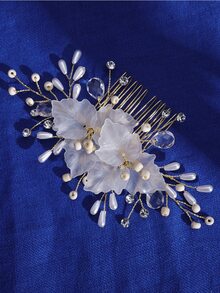 Rhinestone & Flower Decor Bridal Hair Clip - Gold - View 4