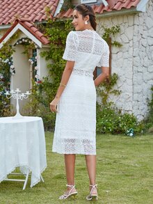 Eilly Bazar Puff Sleeve Lace Dress - White - View 2