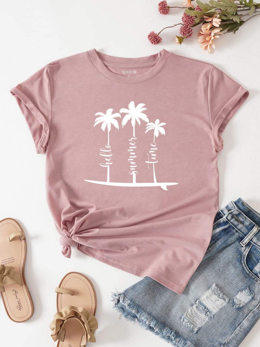 SHEIN Essnce 棕櫚樹和標語圖案T恤 - 粉色 - 查看 1