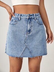 SHEIN EZwear 高腰毛邊牛仔半身裙