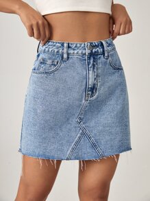 SHEIN EZwear 高腰毛邊牛仔半身裙