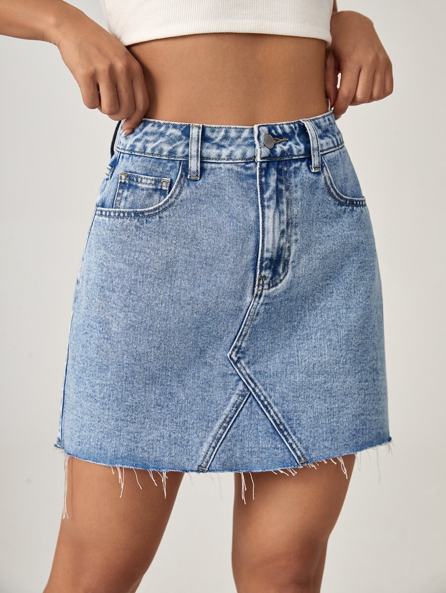 SHEIN EZwear 高腰毛邊牛仔半身裙