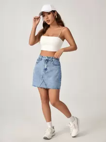 SHEIN EZwear 高腰毛邊牛仔半身裙