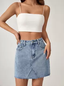 SHEIN EZwear 高腰毛邊牛仔半身裙