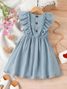 SHEIN Cô Gái Trẻ Viền Ruffle Nơ mặt trước Đầm - Màu xanh lam - Xem 2