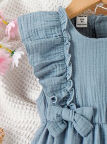 SHEIN Cô Gái Trẻ Viền Ruffle Nơ mặt trước Đầm - Màu xanh lam - Xem 3