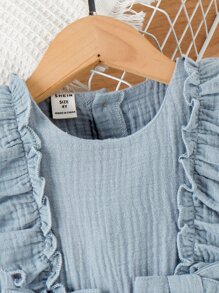 SHEIN Cô Gái Trẻ Viền Ruffle Nơ mặt trước Đầm - Màu xanh lam - Xem 4