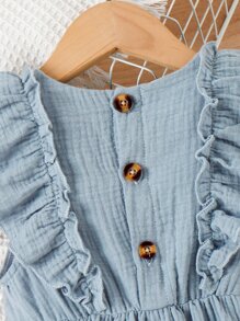 SHEIN Cô Gái Trẻ Viền Ruffle Nơ mặt trước Đầm - Màu xanh lam - Xem 5