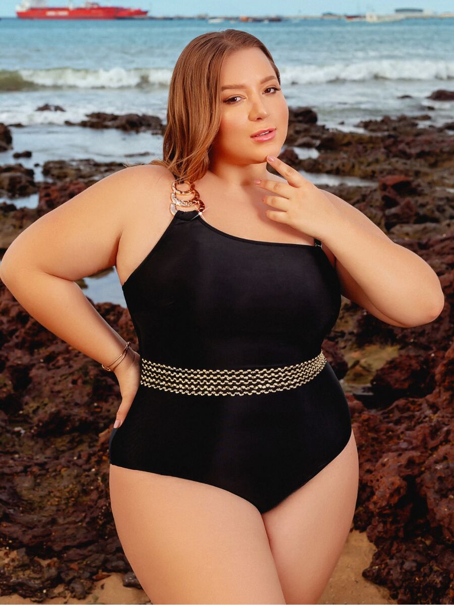 SHEIN VCAY Plus Ring Linked Stitch Detail One Shoulder One Piece Swimsuit - Black - View 1