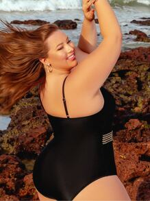 SHEIN VCAY Plus Ring Linked Stitch Detail One Shoulder One Piece Swimsuit - Black - View 2