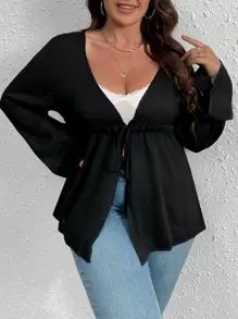 SHEIN VCAY áo hở cổ kích thước lớn viền lá sen Thắt nơ trước màu trơn Giải trí - màu đen - Xem 1
