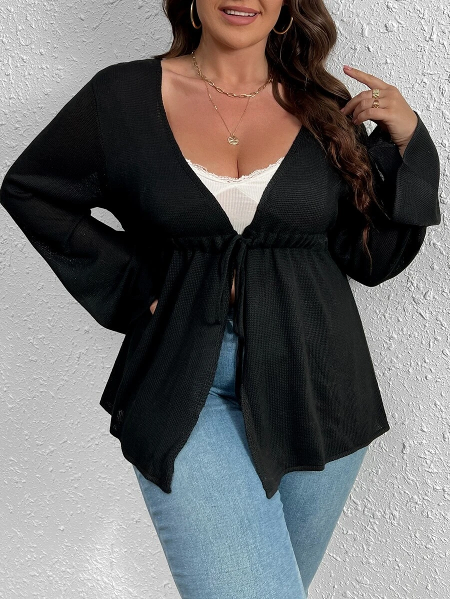 SHEIN VCAY áo hở cổ kích thước lớn viền lá sen Thắt nơ trước màu trơn Giải trí - màu đen - Xem 1