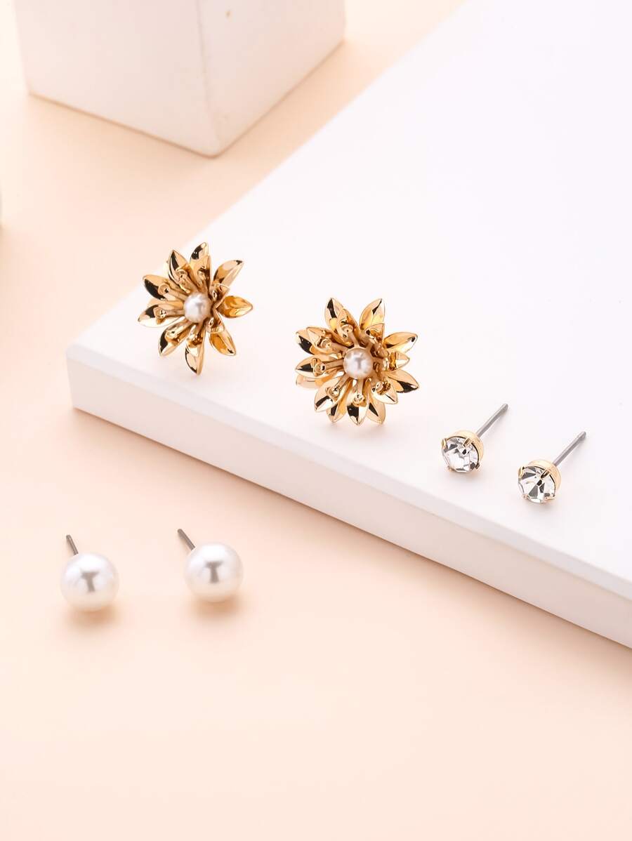 3對/套水鑽和人造珍珠裝飾耳釘 - 彩色 - 查看 1