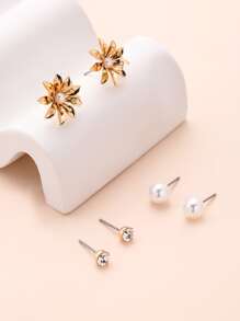 3對/套水鑽和人造珍珠裝飾耳釘 - 彩色 - 查看 2