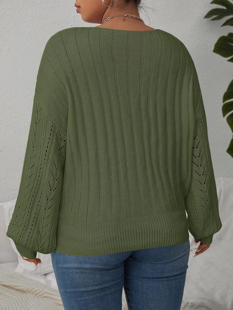 Plus Solid Pointelle Knit Drop Shoulder Sweater, Winter Knit Pullover Fall Sweater