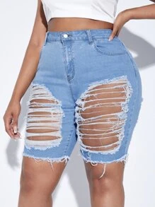 SHEIN SXY 大碼破洞毛邊牛仔短褲 - 淺色水洗藍 - 查看 1