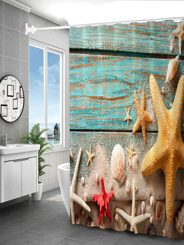 1pc Starfish Pattern Shower Curtain, Modern Polyester Waterproof Shower Curtain For Bathroom Home Bathroom Decor Fall Decor Bathroom Accessories Back To School