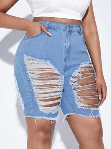 SHEIN SXY 大碼破洞毛邊牛仔短褲 - 淺色水洗藍 - 查看 3