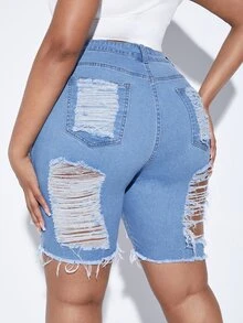 SHEIN SXY 大碼破洞毛邊牛仔短褲 - 淺色水洗藍 - 查看 5