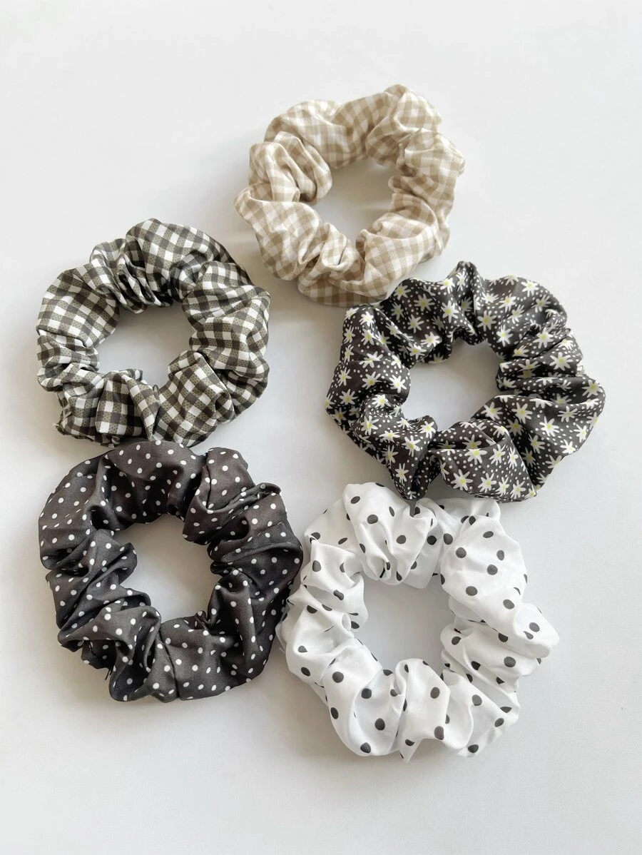 5pcs Polka Dot & Plaid Pattern Scrunchie - Multicolor - View 1