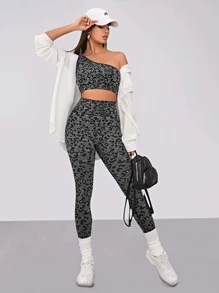 Conjunto deportivo inconsútil con estampado de leopardo - Negro - Ver 1
