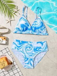 Tween Girl Allover Print Bikini Set Summer Beach - Blue and White - View 1