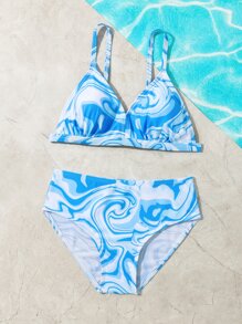 Tween Girl Allover Print Bikini Set Summer Beach - Blue and White - View 5