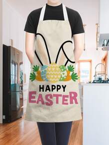 1 pieza Delantal Pascua de Resurrección conejo & con estampado de huevo de tela a prueba de aceite cocinero para cocina - Multicolor - Ver 2