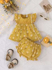 Baby Floral Print Guipure Lace Ruffle Trim Blouse & Shorts - Mustard Yellow - View 1