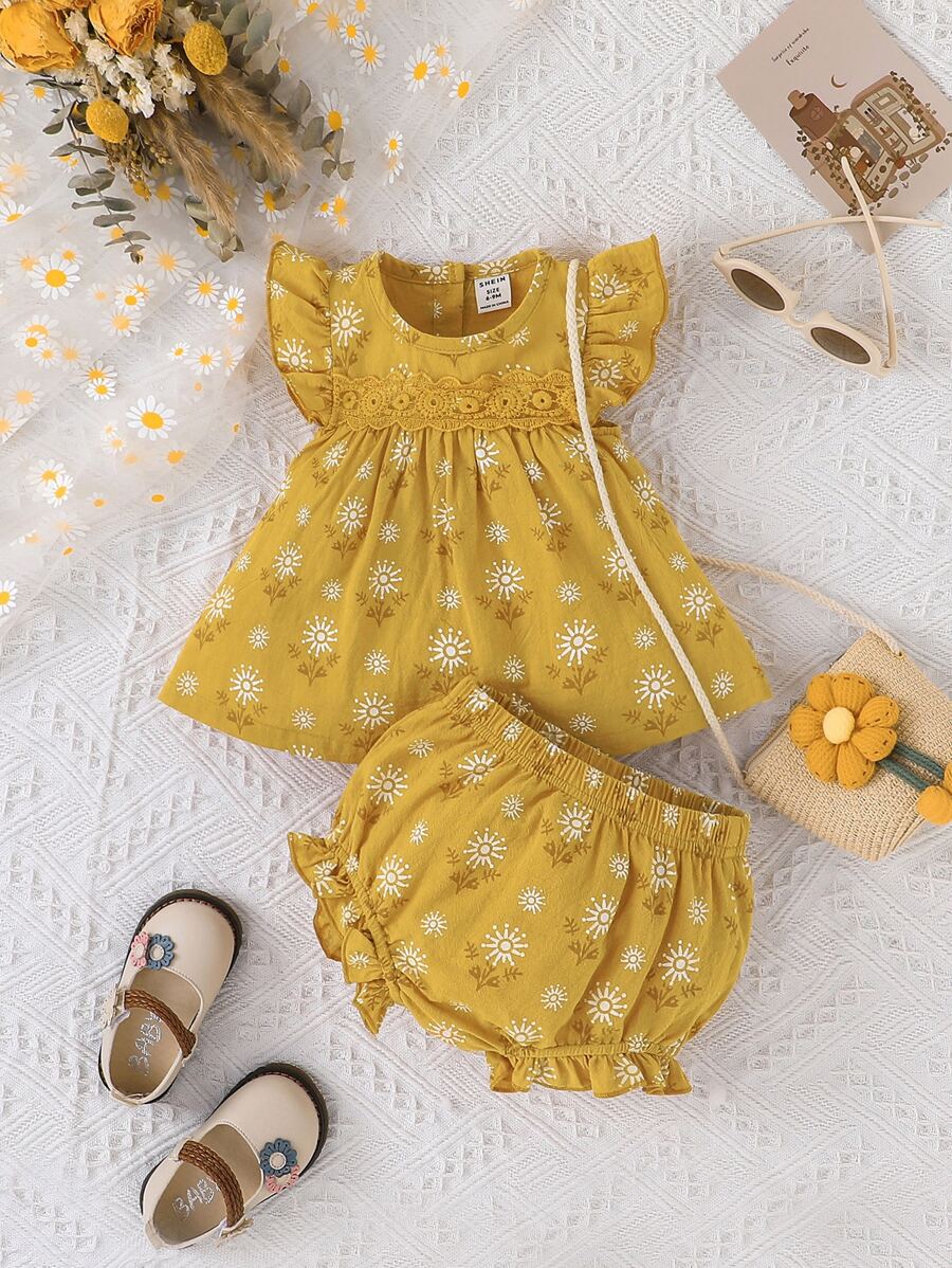 Baby Floral Print Guipure Lace Ruffle Trim Blouse & Shorts - Mustard Yellow - View 1