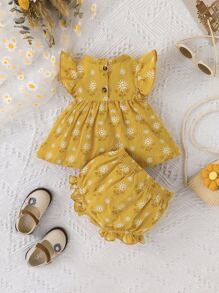 Baby Floral Print Guipure Lace Ruffle Trim Blouse & Shorts - Mustard Yellow - View 2