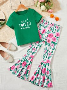 SHEIN 女孩標語圖案T恤和印花喇叭褲 - 彩色 - 查看 1