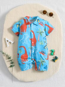 男嬰恐龍印花前紐扣連身短褲 - 藍色 - 查看 1