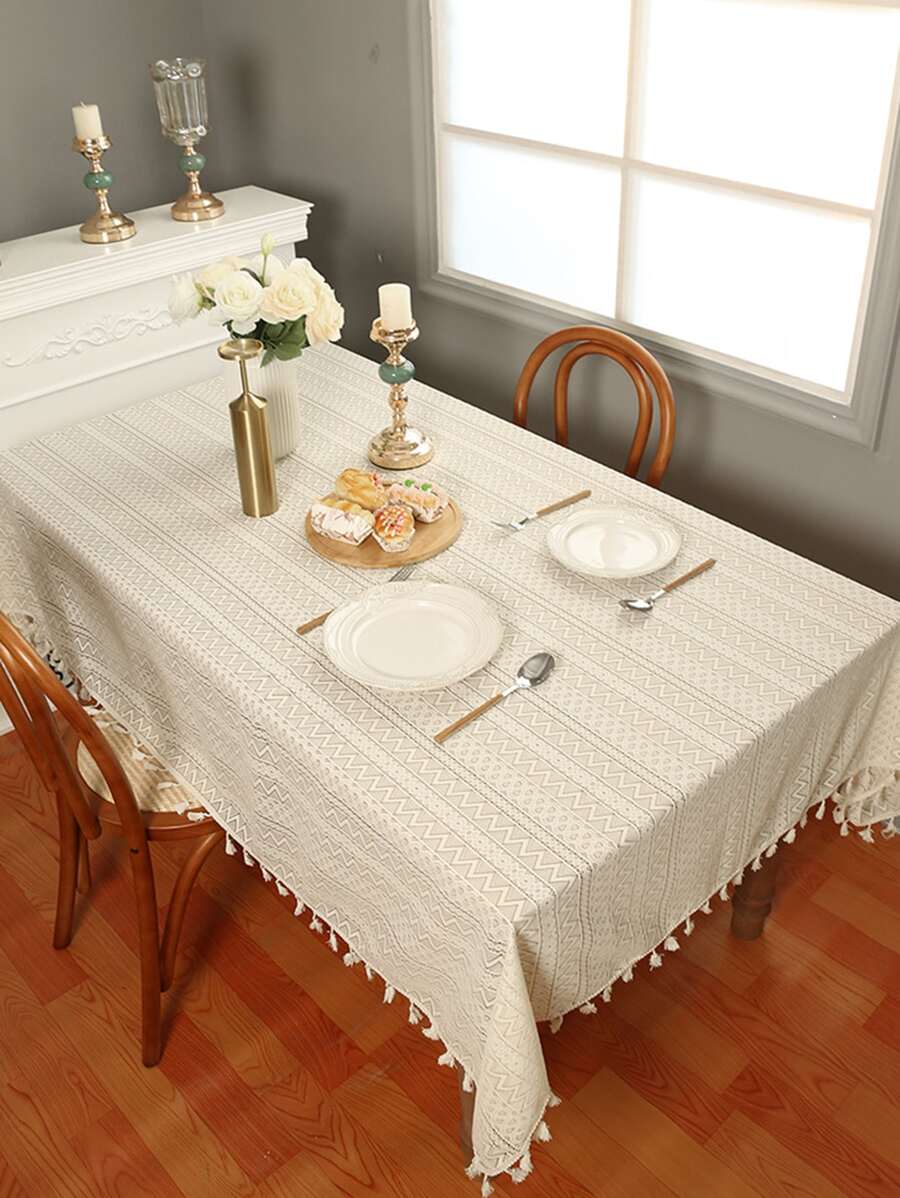 1入組幾何樣式現代流蘇裝飾桌布 - 米色 - 查看 1