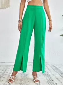 SHEIN Essnce Split Hem Wide Leg Trousers - Green - View 1